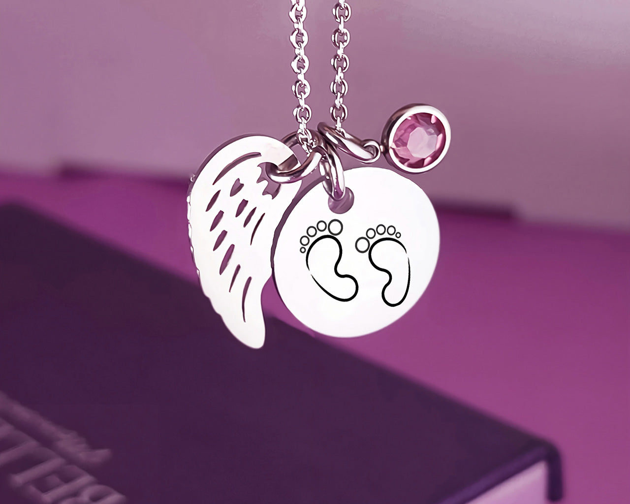 Memorial Angel Footprint Necklace with Birthstone Charm
