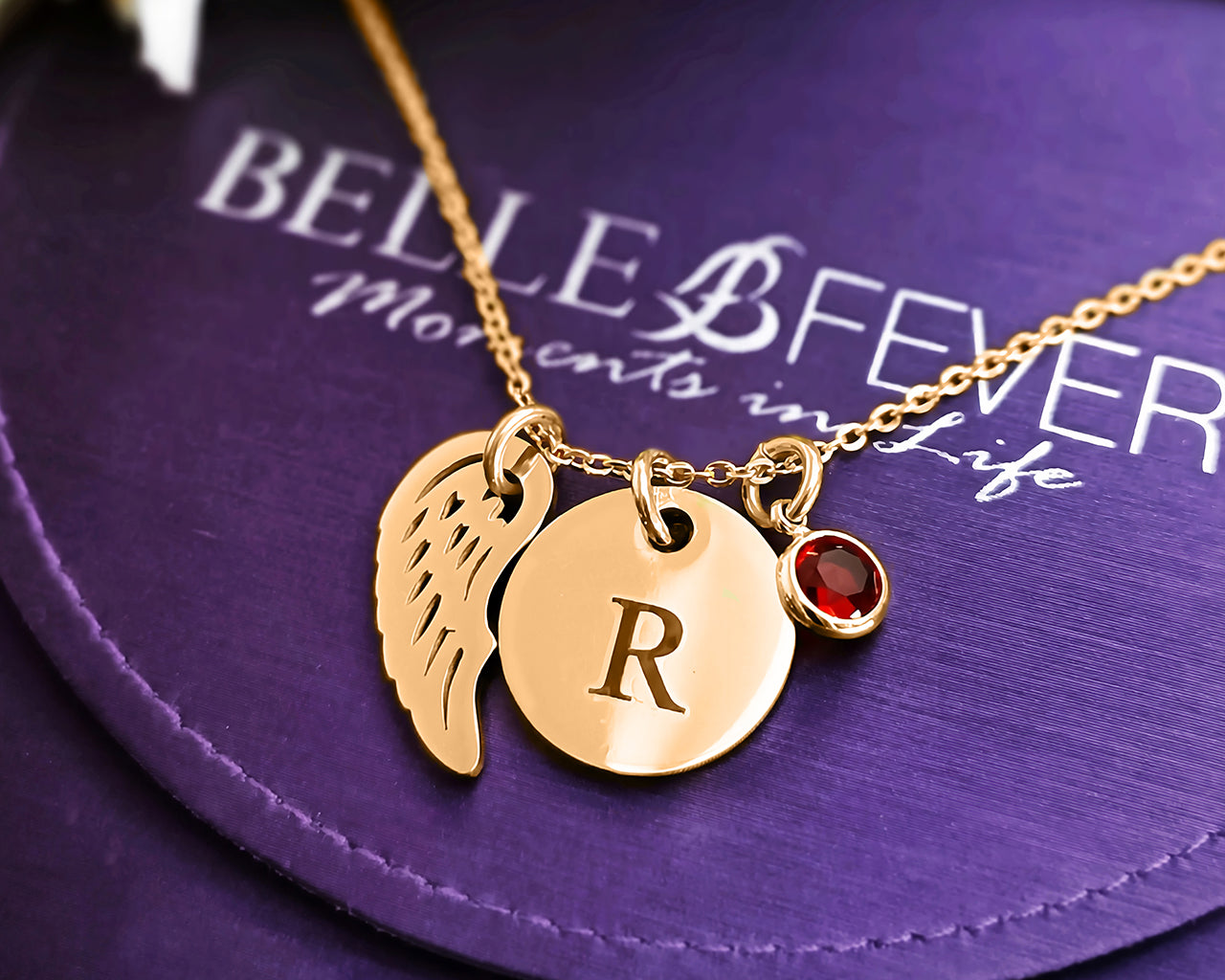 Memorial Angel Initial Necklace with Birthstone Charm