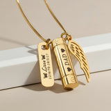 Gold Belle Fever Memory Cremation Necklace — engraved canister with angel wing charm, crafted to hold ashes and honour treasured memories.
