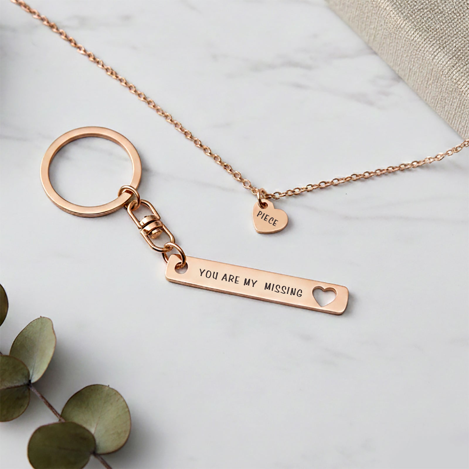 Belle Fever missing piece necklace and keychain set flatlay, romantic date gift, couple jewellery keepsake, anniversary memory daily wear piece