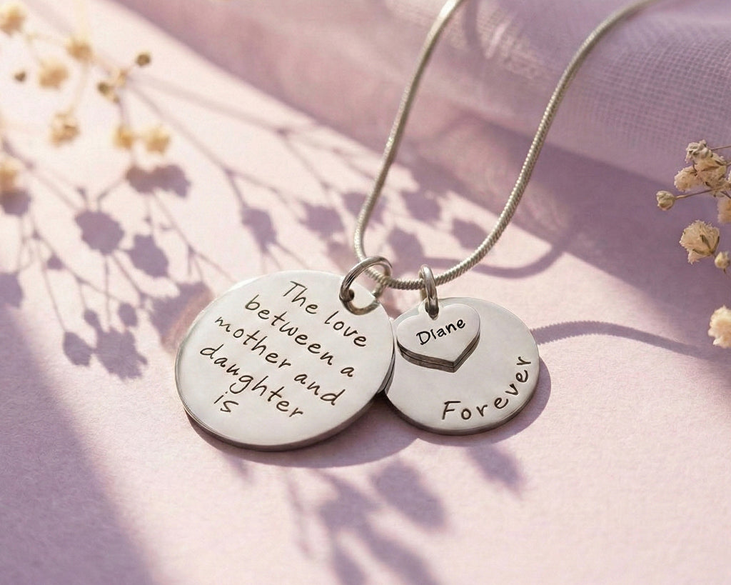 Belle Fever mother forever necklace in silver tone, with engraved disc and heart charm, timeless keepsake gift 