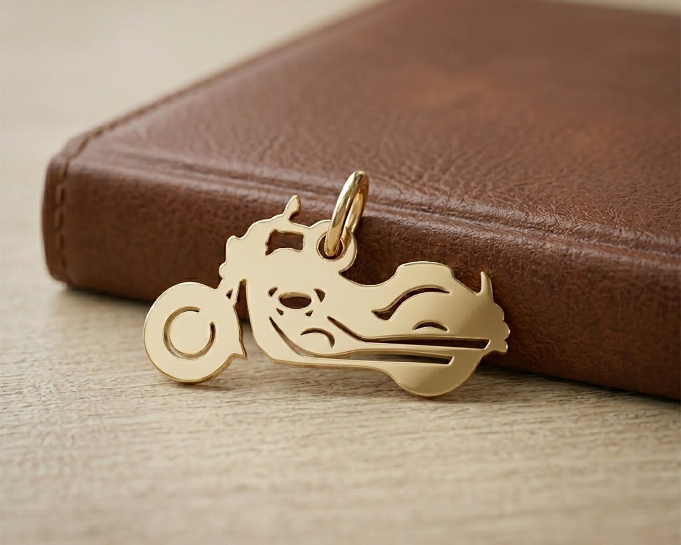 Belle Fever gold motorbike charm for keyring on brown leather planner, 3D polished motorcycle keychain gift.