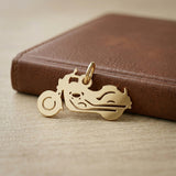 Belle Fever gold motorbike charm for keyring on brown leather planner, 3D polished motorcycle keychain gift.