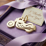 Belle Fever rose gold motorbike charm for keyring with ribbon detail, elegant motorcycle lover gift.