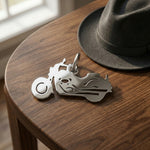 Belle Fever silver motorbike charm for keyring on wooden table, minimalist biker jewelry gift for him or her.