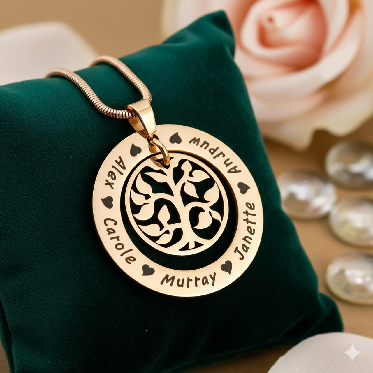 Belle Fever Custom Family Tree Necklace — rose gold engraved pendant displayed on velvet, a sentimental Mother’s Day keepsake honouring family bonds and treasured connections.