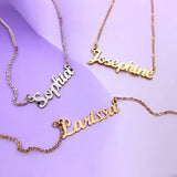 Personalised Name Necklaces by Belle Fever — gold custom name pendants for Sophia, Josephine, and Louissa, symbolising connection and identity.