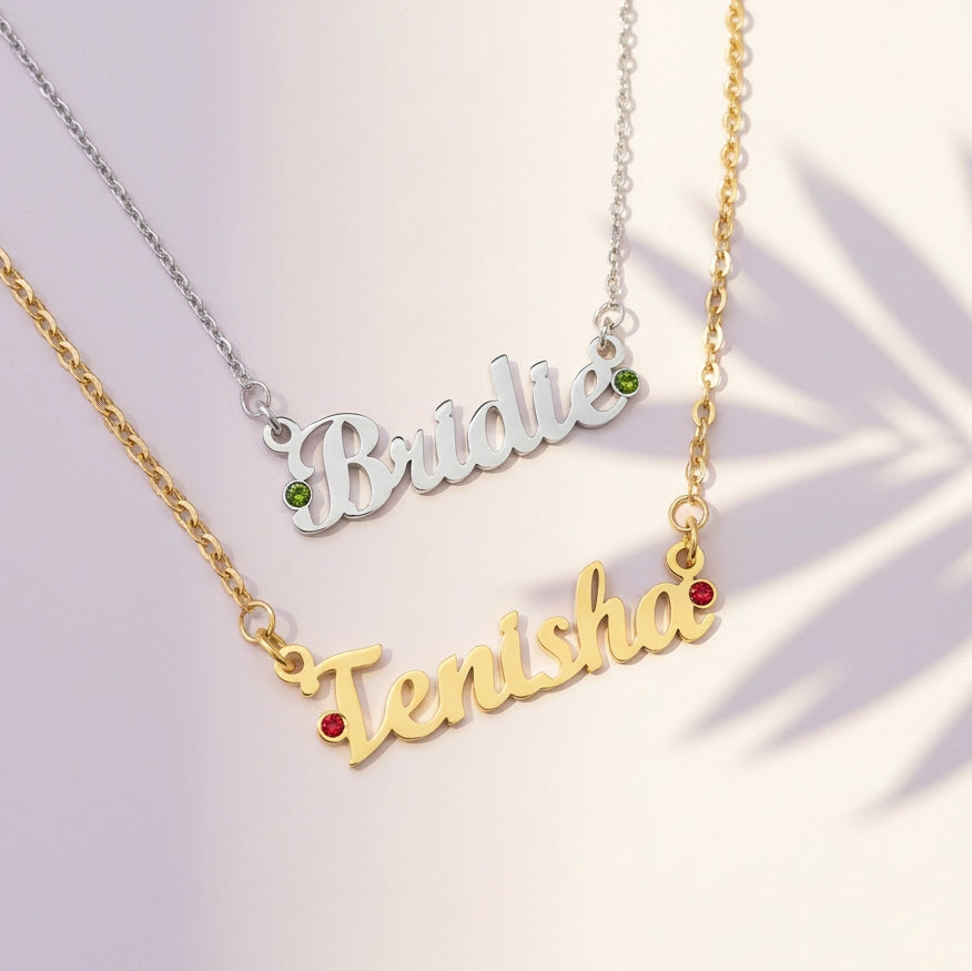Gold and Silver Belle Fever Name Necklaces — personalised jewellery with birthstones, crafted to represent your loved ones and meaningful memories.