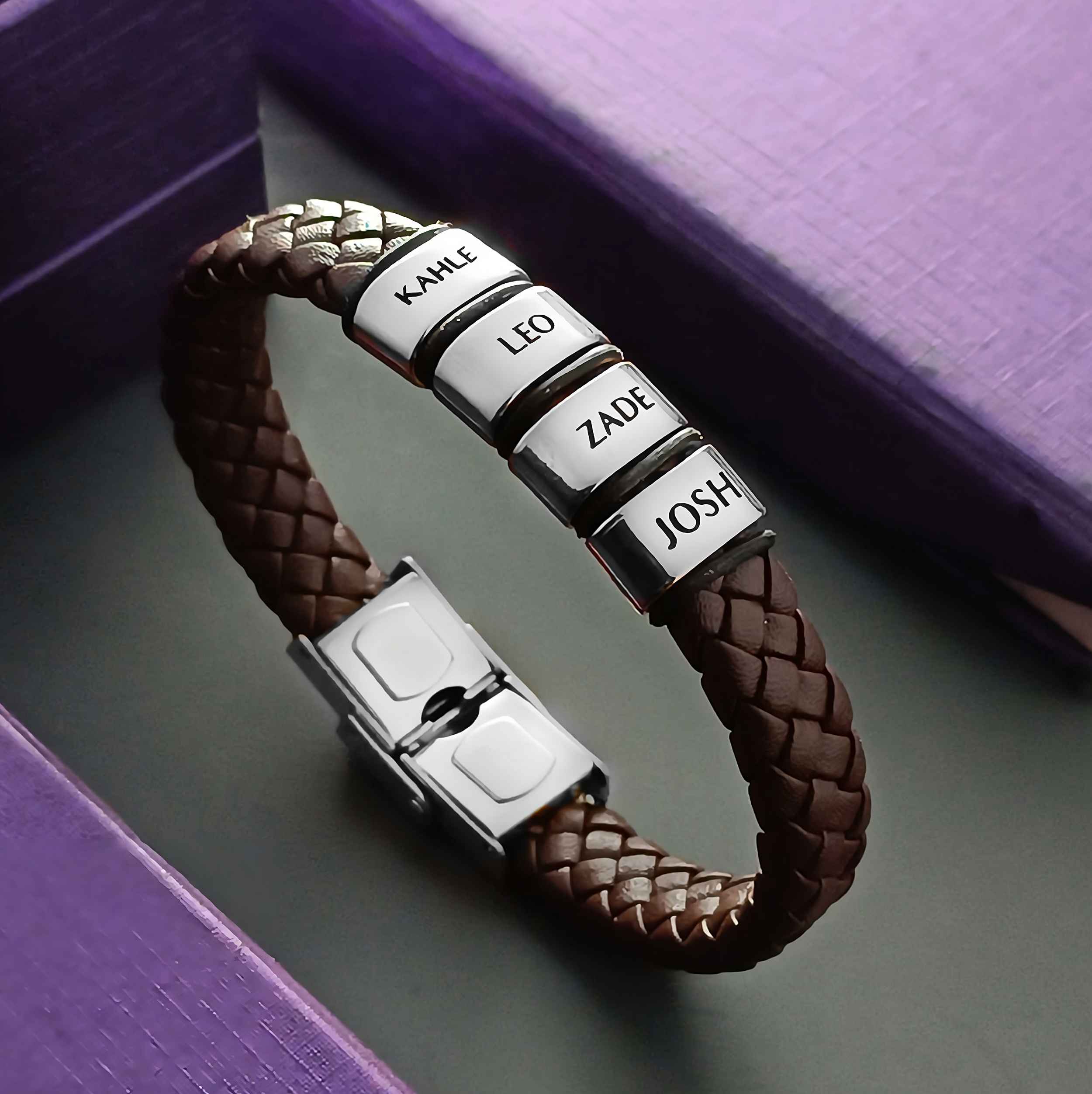 Personalised Brown Leather Bracelet with 4 Silver Name Charms handcrafted by Belle Fever