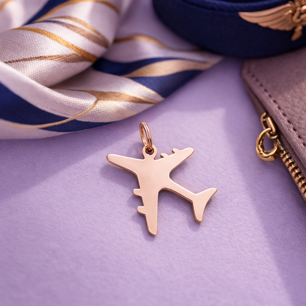 Belle Fever rose gold plane charm for keyring with scarf detail, elegant travel jewelry gift