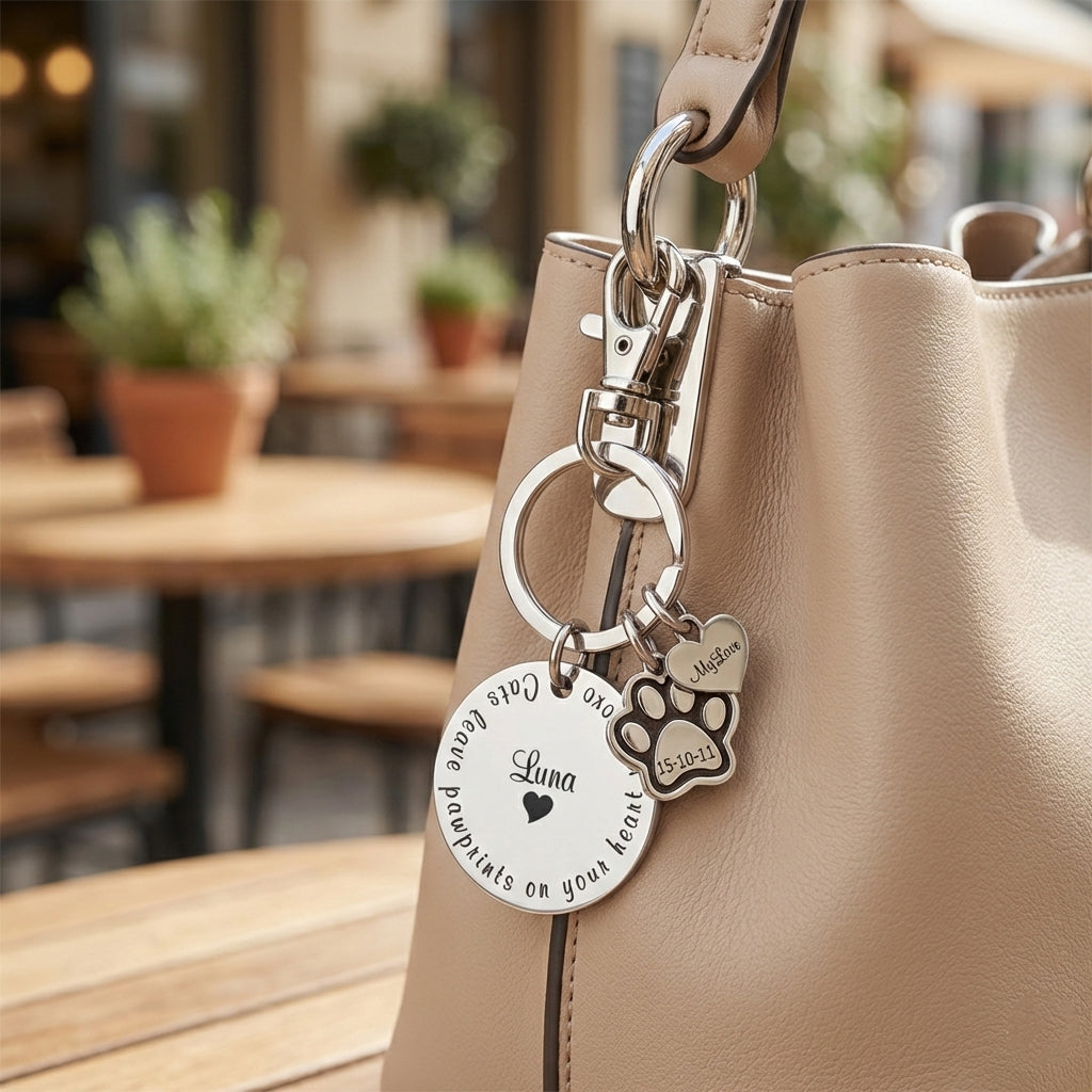 Personalized prints on my heart keyringhanging on bag with custom engraved paw and heart charms. belle fever remembrance gift for pet lovers.