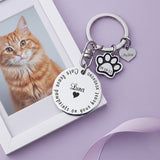Personalized prints on my heart keyring, pet memorial keychain displayed near pet photo with engraved name disc and paw charm. belle fever meaningful pet tribute keepsake.