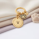 Prints on my heart keyring in gold tone with engraved disc and paw charm. belle fever custom pet loss gift keepsake.