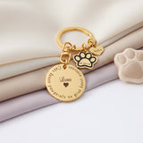 Prints on my heart keyring in gold tone with engraved disc and paw charm. belle fever custom pet loss gift keepsake.