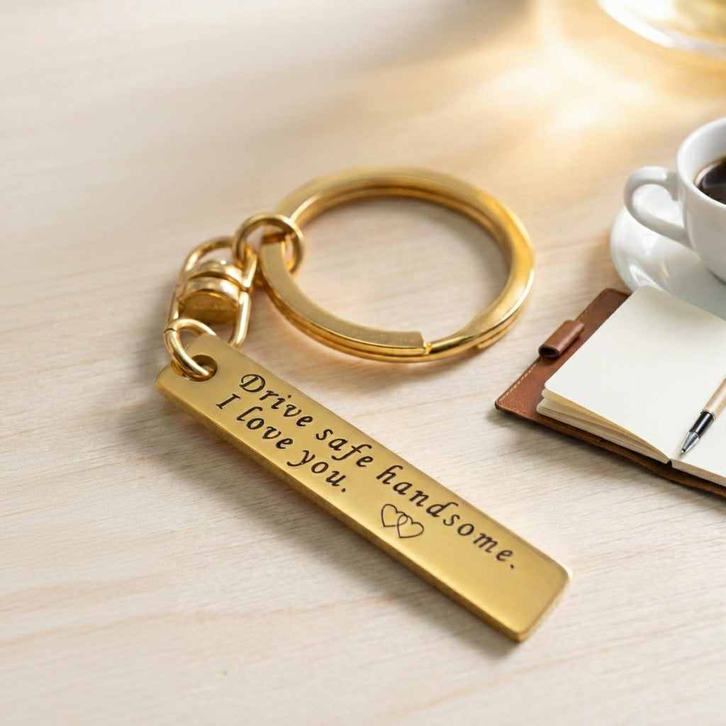 Belle Fever reminder tag keychain in gold tone, custom engraved bar keepsake attached to keyring, meaningful everyday gift for a loved one