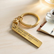 Belle Fever reminder tag keychain in gold tone, custom engraved bar keepsake attached to keyring, meaningful everyday gift for a loved one
