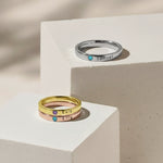 Stackable Birthstone Rings by Belle Fever — elegant gold and silver personalised rings with engraved names and sparkling birthstones, perfect for celebrating family and individuality.