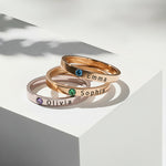 Stackable Birthstone Rings by Belle Fever — elegant personalised rings with engraved names and gemstones, beautifully symbolising family and meaningful connections.
