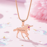 Rose gold Belle Fever unicorn necklace with custom name. a keepsake gift combining fantasy, sparkle, and sentimentality.