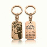 Rose gold personalized photo tag keyring with engraved calendar, product photo on white background