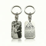 Silver personalized photo tag keyring with engraved calendar, double-sided metal keychain
