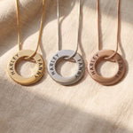 Always Forever necklace tone comparison showing gold, silver and rose gold engraved finishes