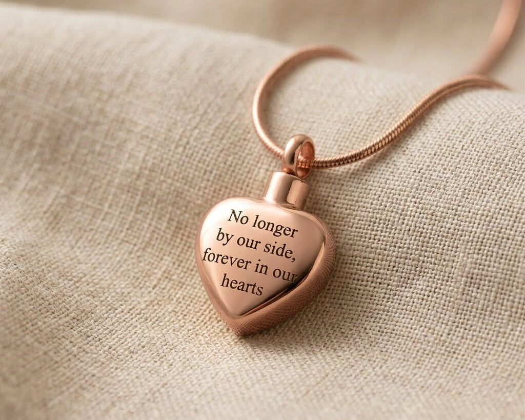 Always Love cremation necklace in rose gold with heart urn pendant on delicate chain