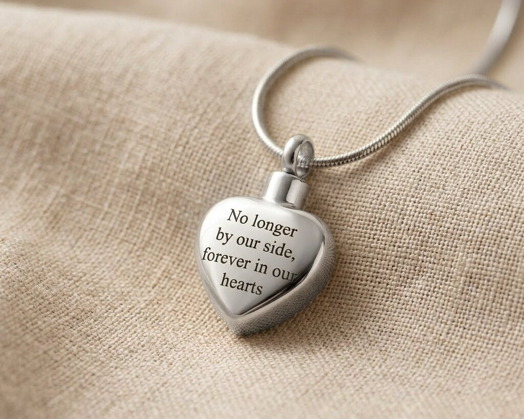 Always Love cremation necklace in silver featuring heart shaped urn pendant on chain necklace