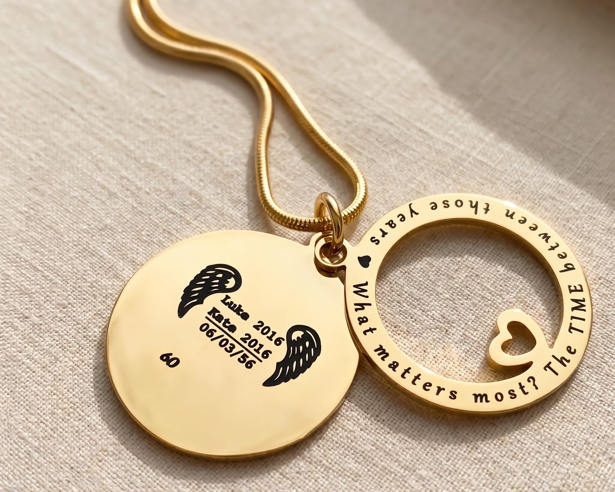 Always on my mind necklace showing layered round disc and washer pendant with personalised engraved detail
