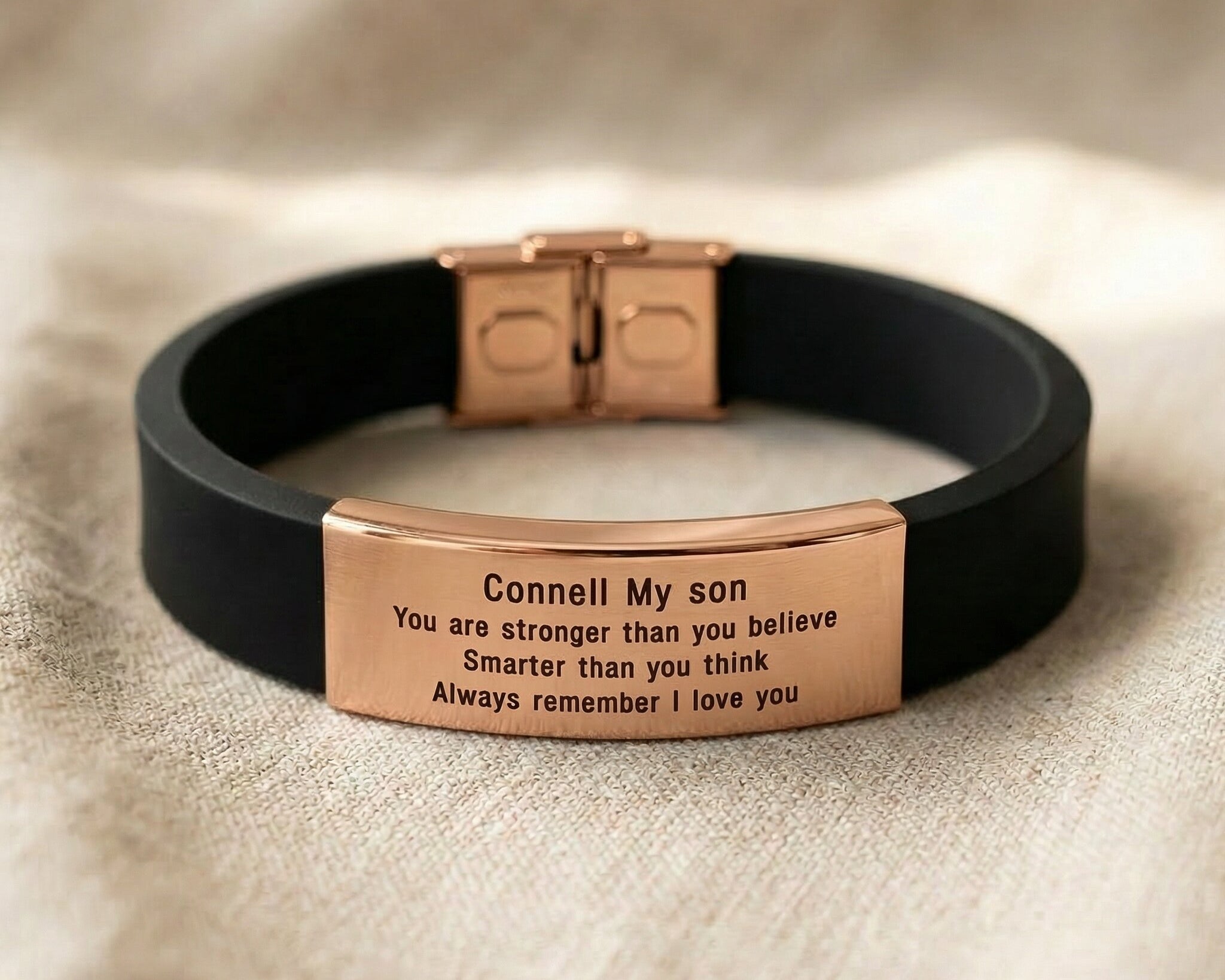 Rose gold Always Remember personalised ID bracelet with engraved plate on silicone band