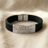 Silver Always Remember personalised ID bracelet with engraved plate on black silicone band
