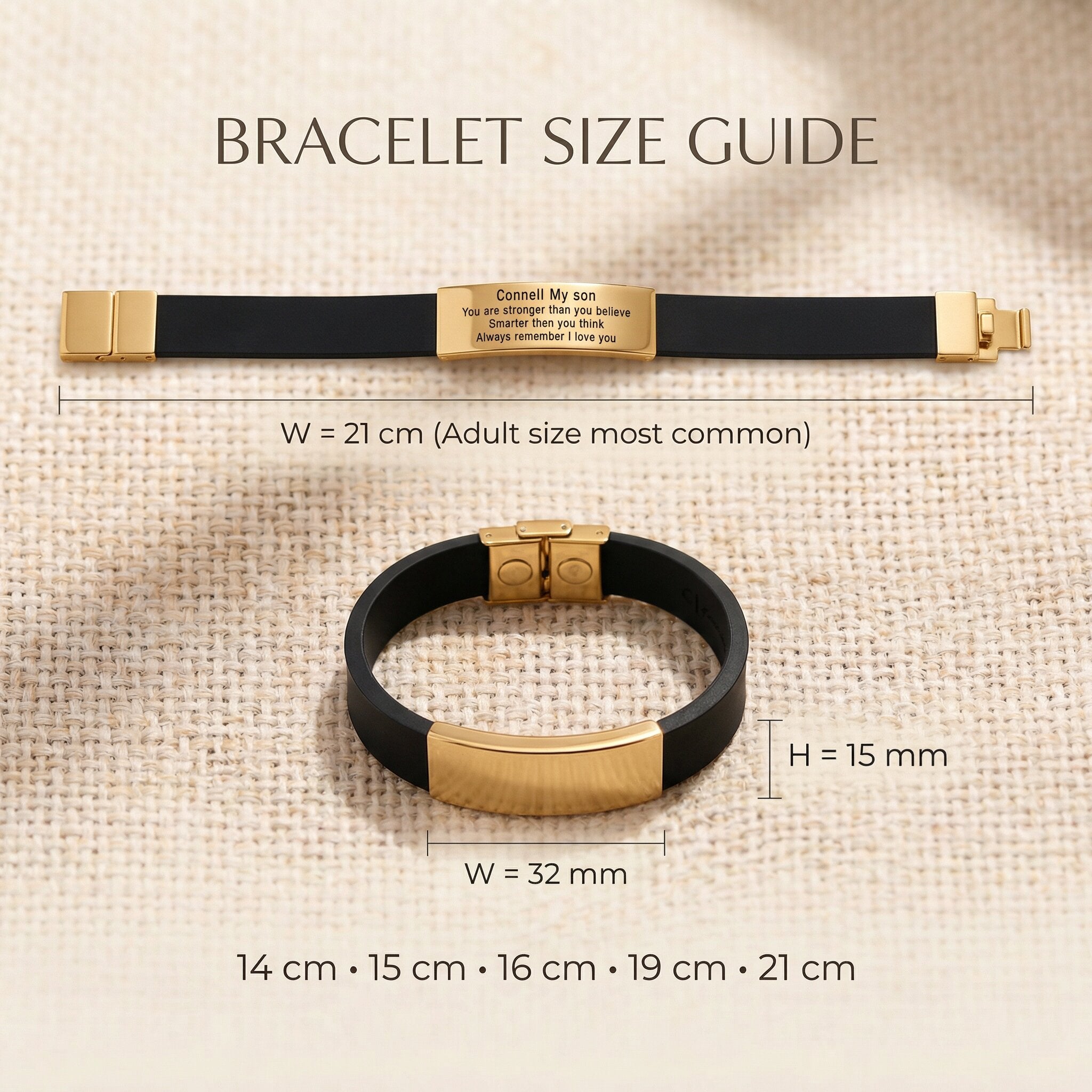 Size guide showing dimensions and fit of Always Remember personalised ID bracelet