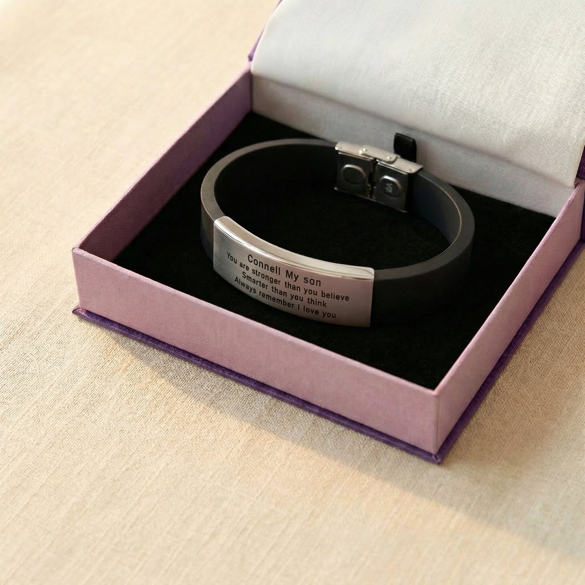 Always Remember personalised ID bracelet presented in elegant jewelry gift box packaging
