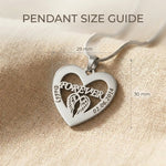 Pendant size guide for Angel In My Heart necklace showing heart angel wings pendant dimensions