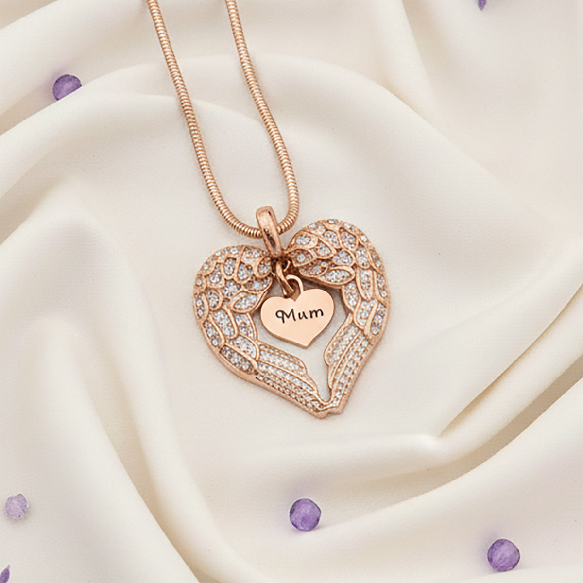 Angel Heart Necklace, rose gold wing pendant embracing a personalised heart charm, a touching memorial keepsake by Belle Fever jewellery