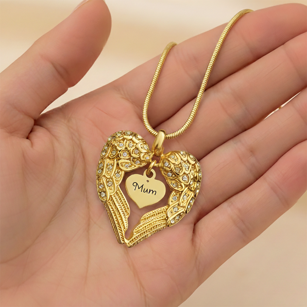 Angels Heart Necklace with Heart Insert, resting on hand, Memorial & Cremation Jewellery by Belle Fever