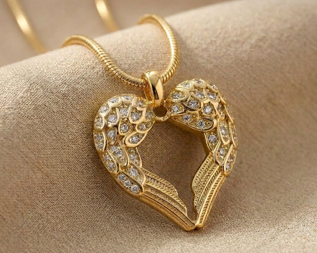 Angels Heart necklace with gold heart angel wings pendant on delicate chain displayed on neutral background