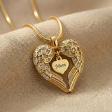 Angels Heart necklace showing heart shaped inner pendant option inside angel wings design