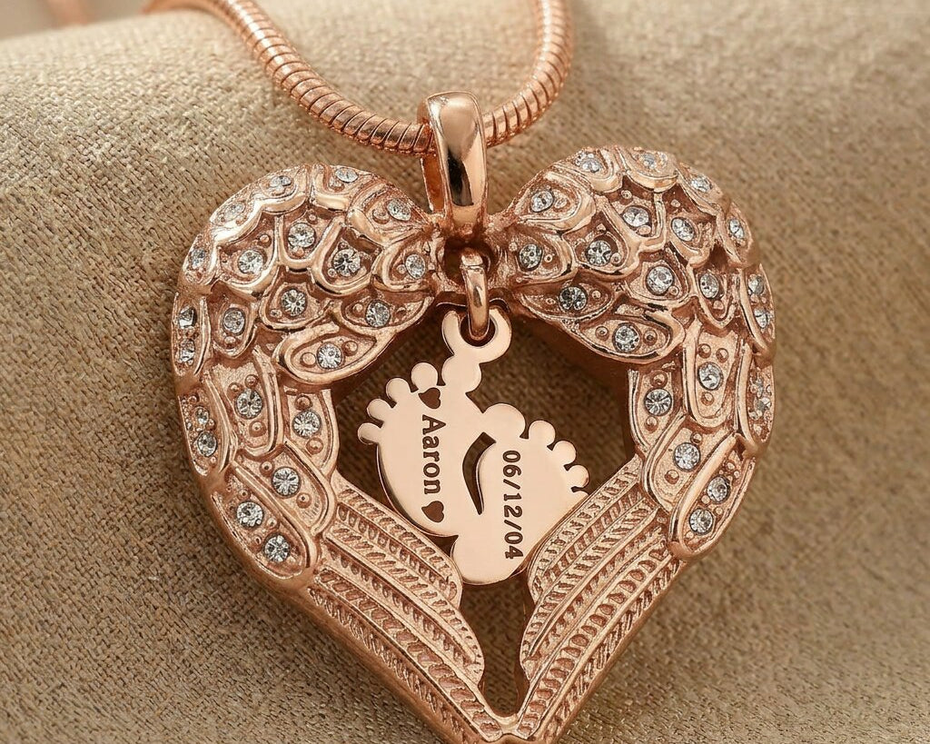 Angels Heart necklace showing baby feet design option inside heart angel wings pendant