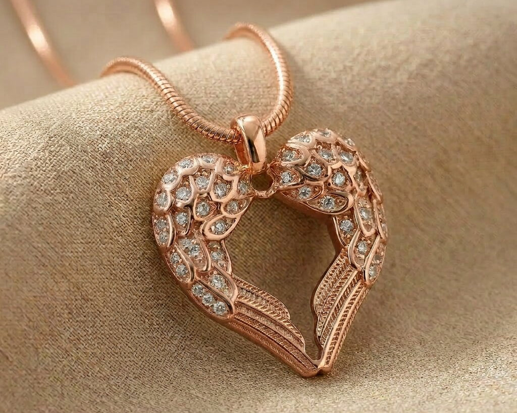 Angels Heart necklace in rose gold with heart angel wings pendant on delicate chain