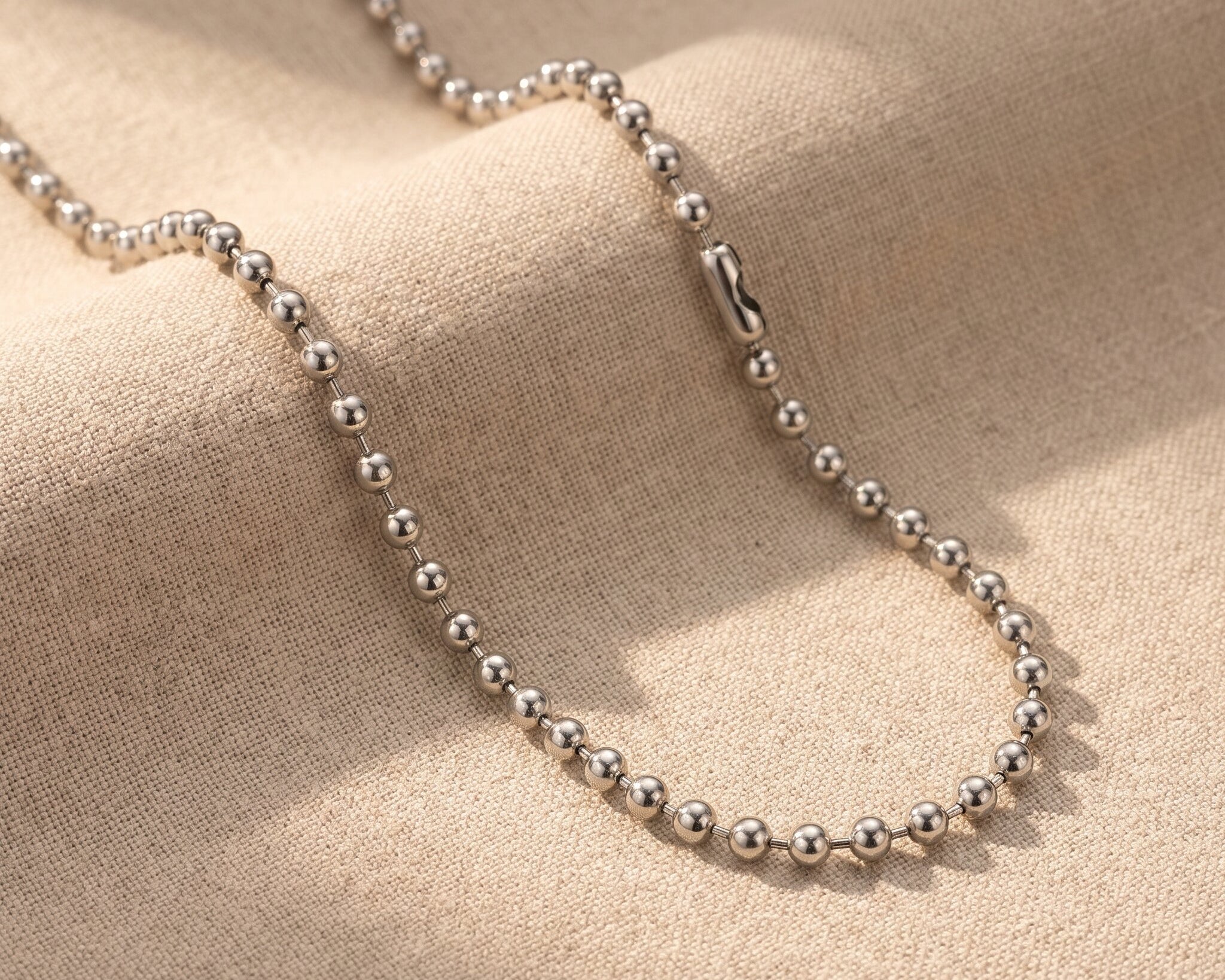 Ball chain necklace in silver with polished bead chain design, minimalist jewellery for layering