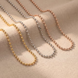 Ball chain necklace tone comparison showing gold, silver and rose gold minimalist chain jewellery finishes