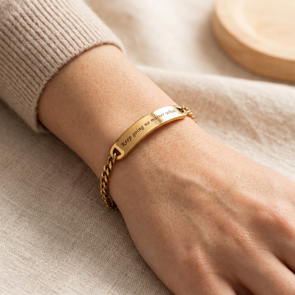 Woman wearing gold bar bracelet with custom engraving on plate design
