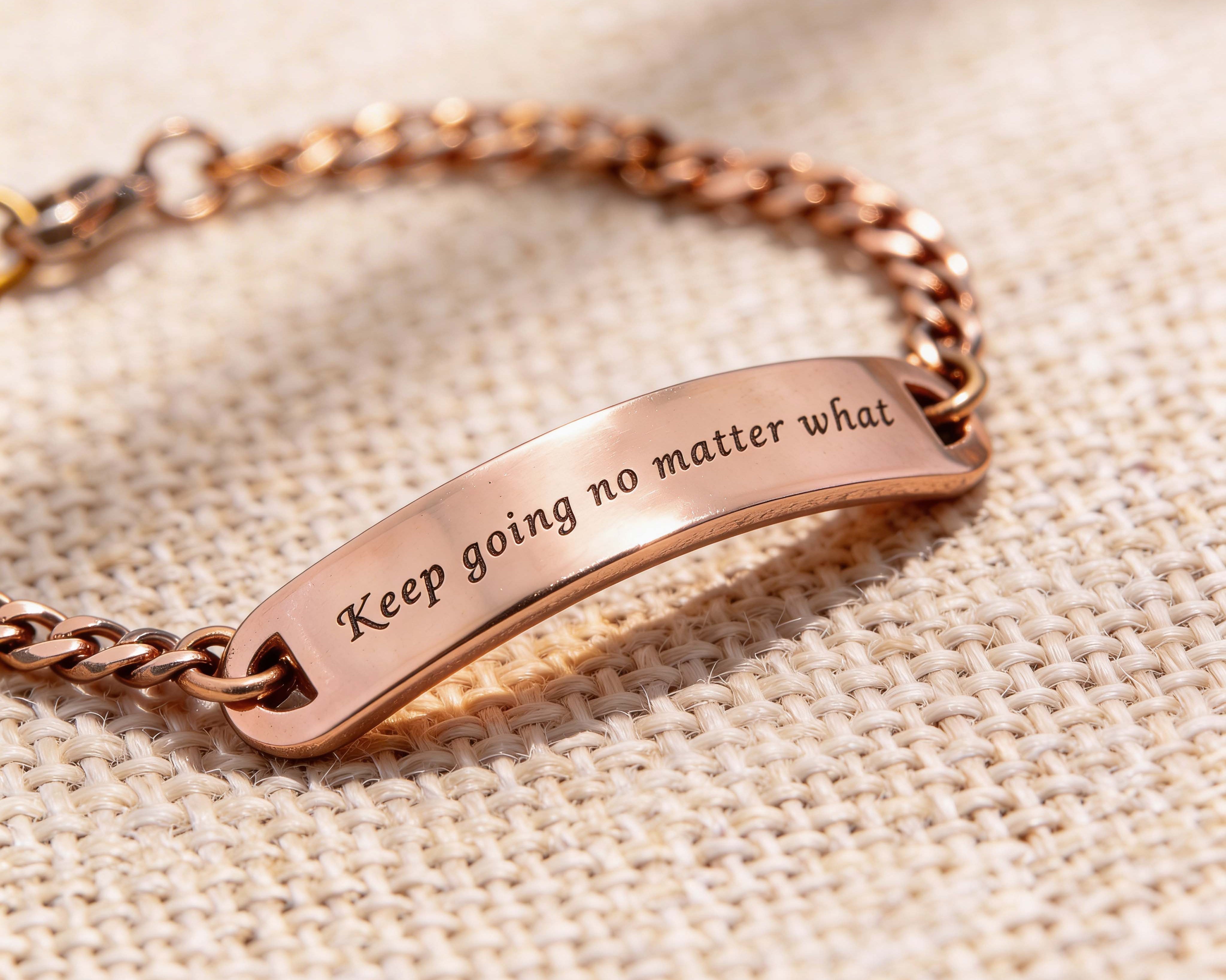 Rose gold bar bracelet with custom engraving and delicate chain