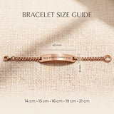 Size guide showing detail dimensions of bar bracelet and chain length