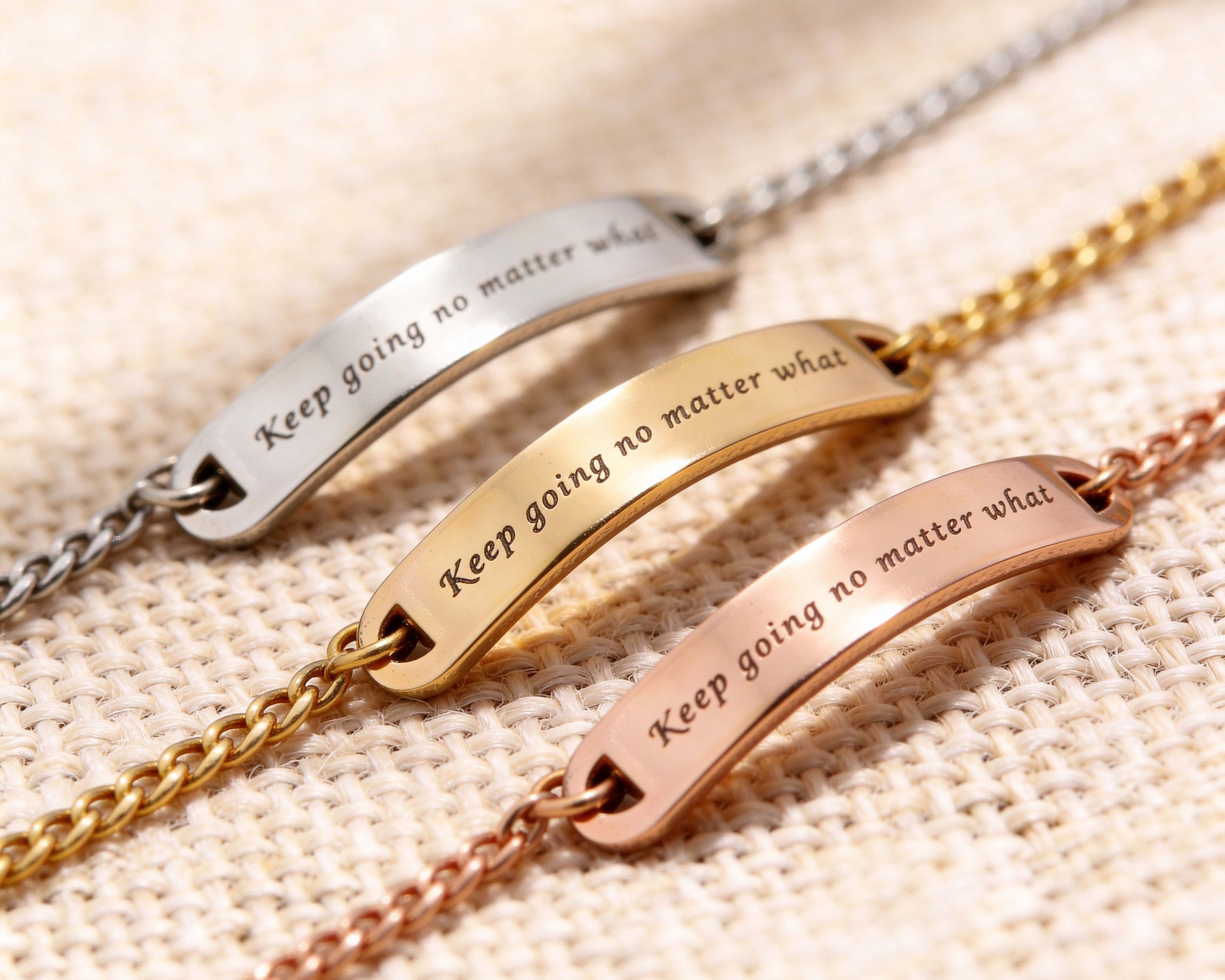 Personalised Bar bracelet comparison showing gold, silver and rose gold finishes