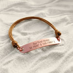 Belle Fever bar cord bracelet in rose gold finish, engraved personalised bracelet with adjustable brown cord, timeless unisex keepsake.