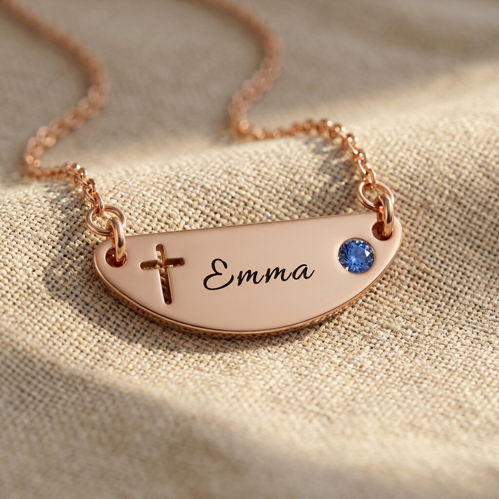Beck name necklace showing cross design option with engraved name and birthstone detail