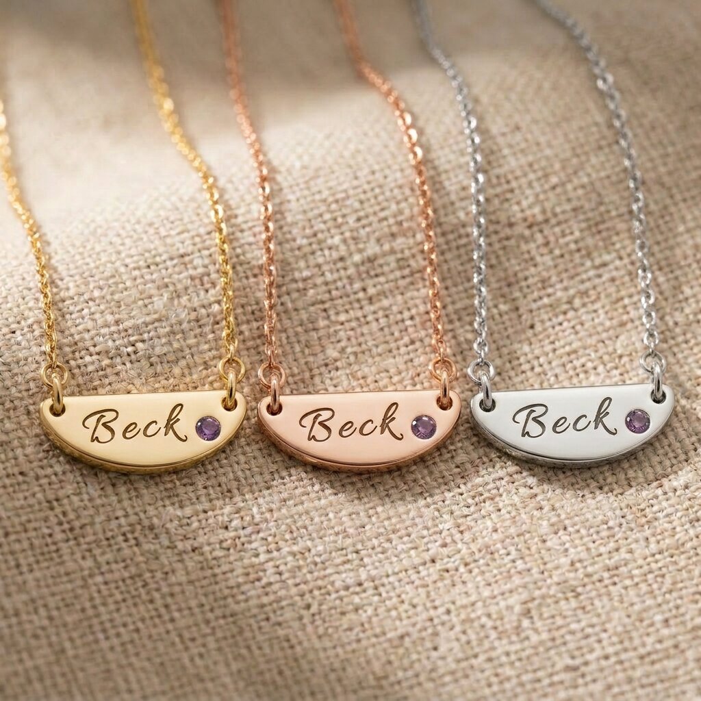 Beck name necklace in gold, silver and rose gold finishes with engraved bar pendant