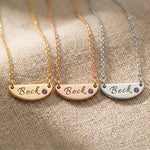 Beck name necklace in gold, silver and rose gold finishes with engraved bar pendant